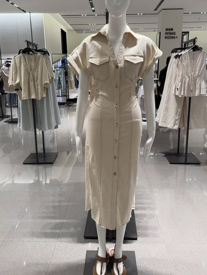 ETJ 2025 summer new  women's elegant fashion waist pleated V-neck short-sleeved temperament denim MIDI dress