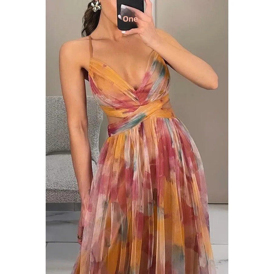 Summer Spring Off-Shoulder Lace Print Halter Dress Casual Party Holiday Dress V-Neck Floor-Length Polyester Fiber Dress