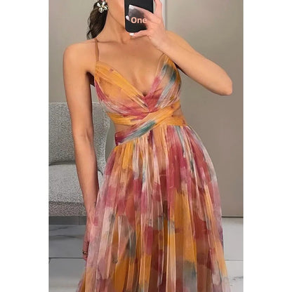 Summer Spring Off-Shoulder Lace Print Halter Dress Casual Party Holiday Dress V-Neck Floor-Length Polyester Fiber Dress