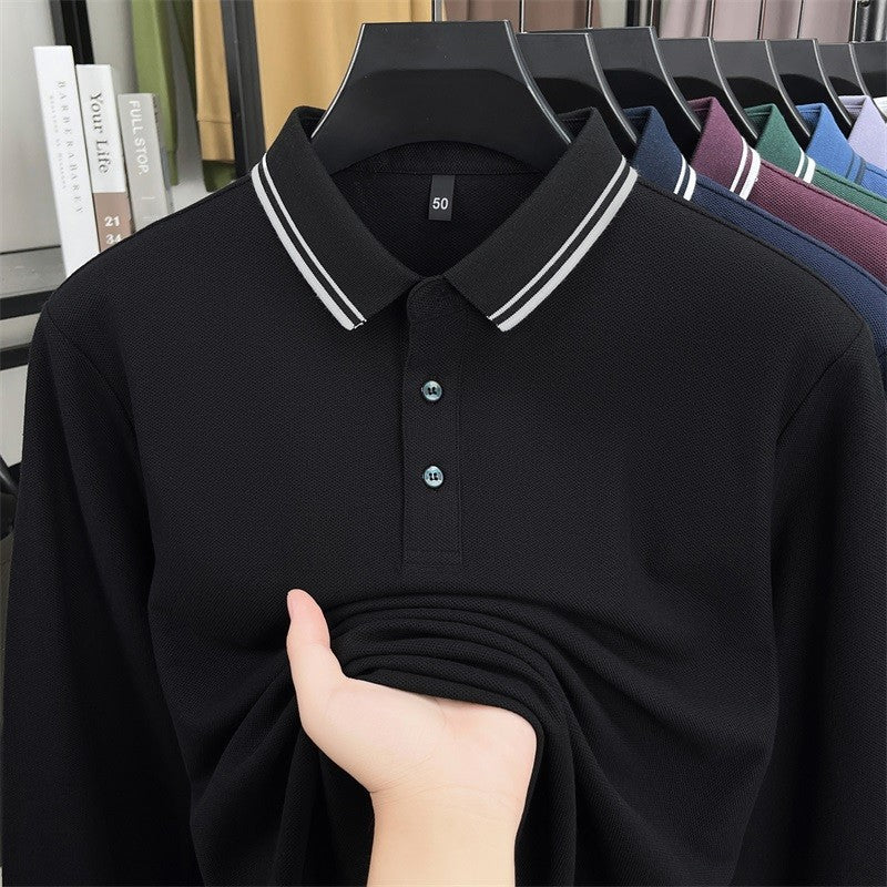 100% pure cotton high-quality long sleeve polo shirt men's autumn new style comfort casual luxury double striped lapel T-shirt