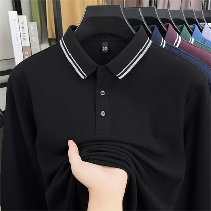 100% pure cotton high-quality long sleeve polo shirt men's autumn new style comfort casual luxury double striped lapel T-shirt