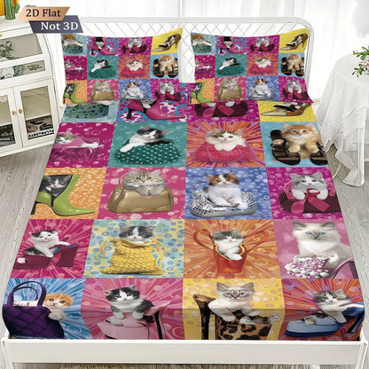 3pcs fabric splicing cute cat coreless bed sheet set, multi size bed cover bedroom bedding, holiday decoration, machine washable