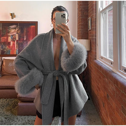 Casacos Curtos de Lã Elegantes com Cadarço Sólido Lapela Solta Cinto Peludo Manga Longa Jaqueta Feminina 2025 Outono Inverno Lady Chique Cardigãs
