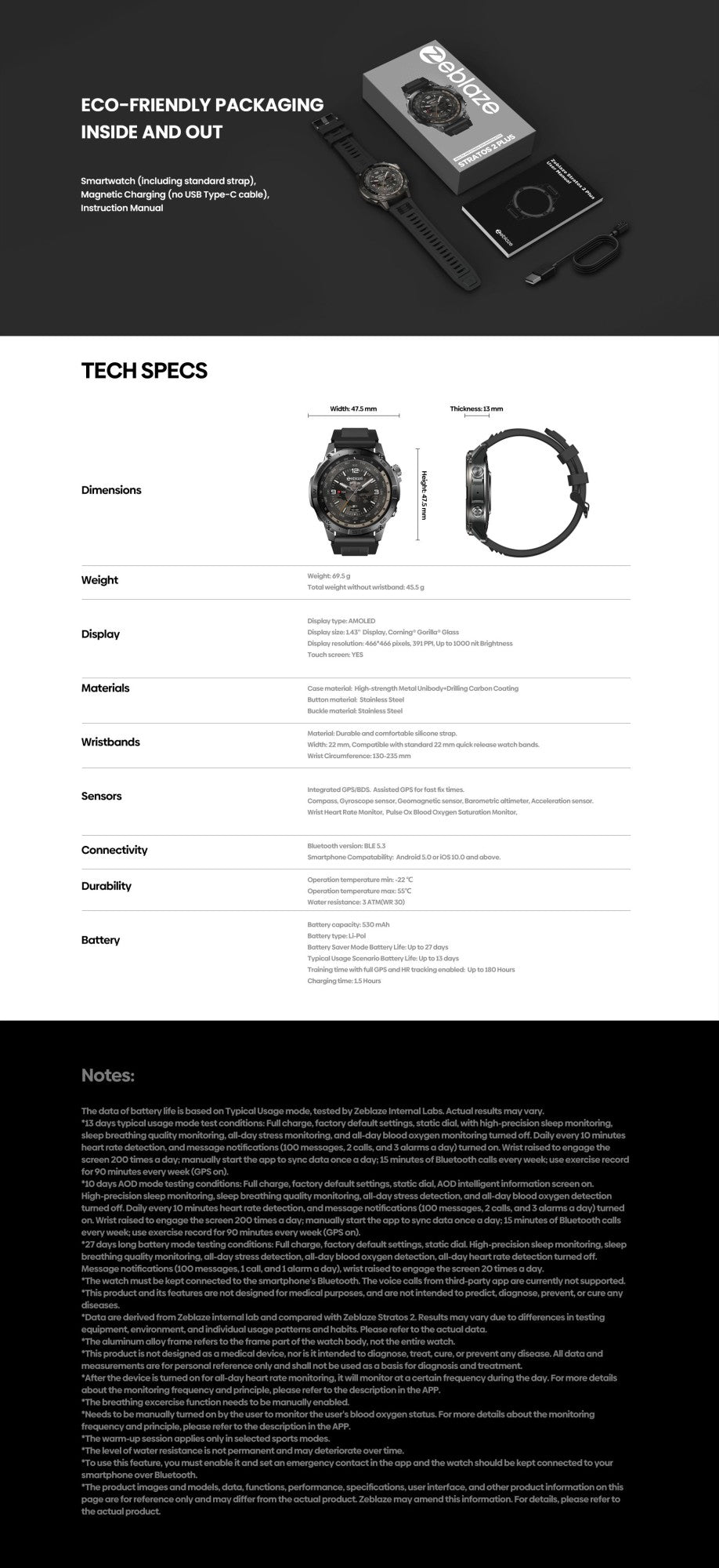 Zeblaze Stratos 2 Plus GPS Sports Smart Watch Bússola Integrada Altímetro Barométrico Tela AMOLED de 1.43'' Smartwatch com Chamada de Voz