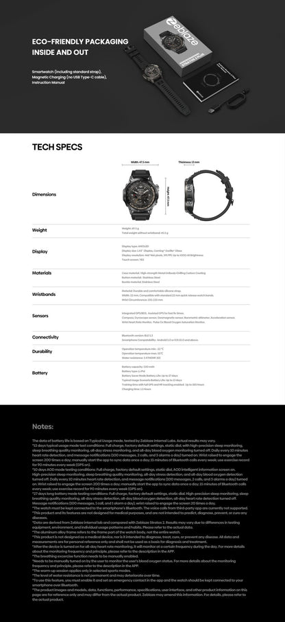 Zeblaze Stratos 2 Plus GPS Sports Smart Watch Bússola Integrada Altímetro Barométrico Tela AMOLED de 1.43'' Smartwatch com Chamada de Voz