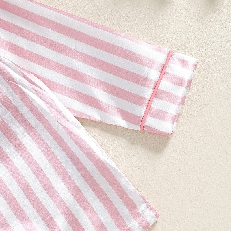 Kid Girls Boys Fall Pajamas Set Stripe Print Long Sleeve Shirts Tops Long Pants Satin 2 Pieces Lounge Suit Sleepwear