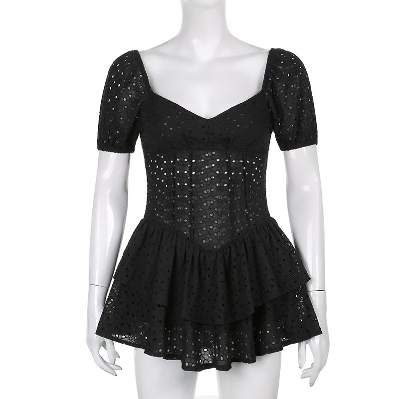 V Neck Ruffles Pleated Dress Women Puff Sleeve Chic Black Summer Dress 2025 Part