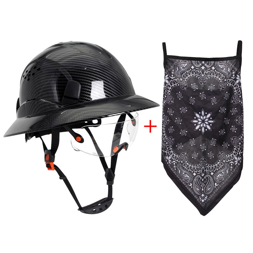 CE Carbon Fiber Full Brim Hard Hat w/ Built In Goggle Triangle Face Towel Construction Engineer  Safety Helmet ABS Safety Cap