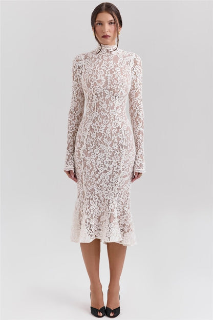 Mozision Lace Long Sleeve Sexy Midi Dress For Women Elegant White Half High Coll