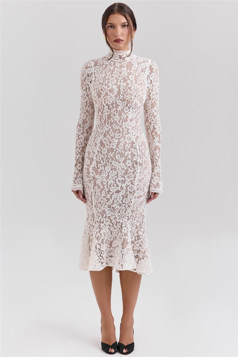 Mozision Lace Long Sleeve Sexy Midi Dress For Women Elegant White Half High Coll