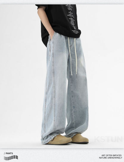 KSTUN Light Blue Jeans Men Straight Loose Mens Baggy Pants Elastic Wasit Wide Leg Jeans Vintage Washed Large Size Spring 2026
