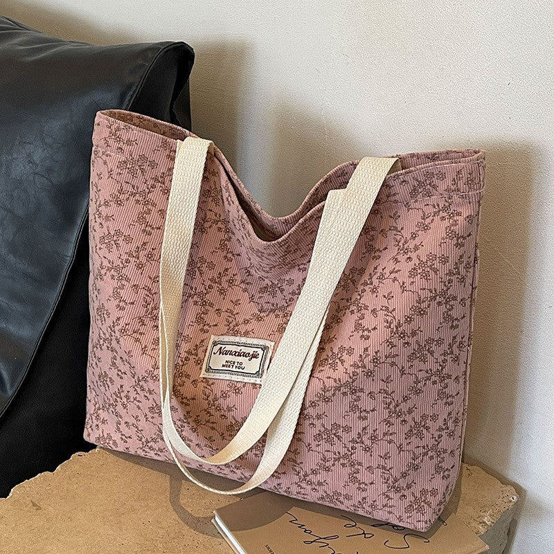 Stylish Corduroy Tote Bag for Women Bohemian Ethnic Style Shoulder Bag for Daily Commuting Shopper Office Worker College Student