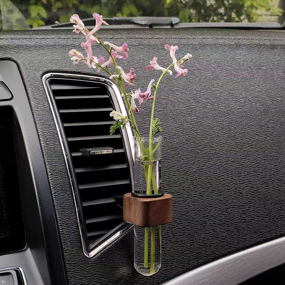 Stable Mini Car Flower Vase Clip Elegant Adjustable Car Vent Flower Vase Walnut and Glass Creative Car Vent Decor Dashboard