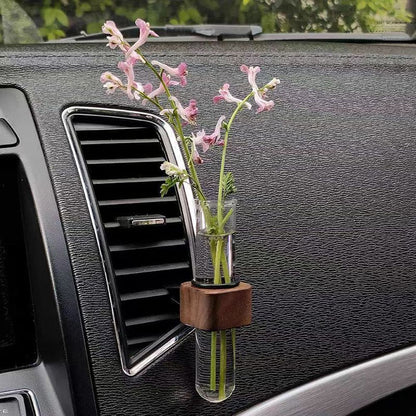 Stable Mini Car Flower Vase Clip Elegant Adjustable Car Vent Flower Vase Walnut and Glass Creative Car Vent Decor Dashboard