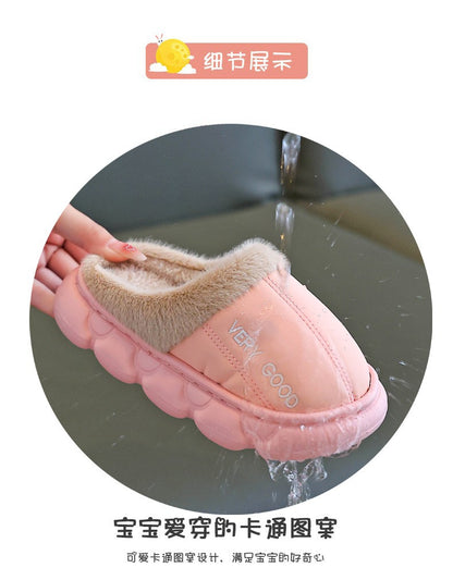 New Children's PU Leather Plush Slippers Soft Sole Non-slip Winter Warm Baby Boys Girls Indoor Home Cotton Shoes