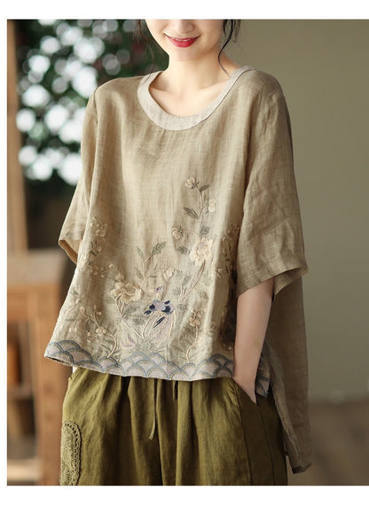 Cotton Linen Embroidered Floral Blouses Women's Chinese Classic Loose Shirt Top Casual Retro O Neck Short Sleeve Summer Shirts