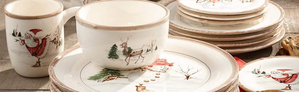 Christmas Twig Holiday Dinnerware Set – 20-Piece Christmas-Themed Earthenware Dinner Party Collection, Unique Gift Idea for Chri