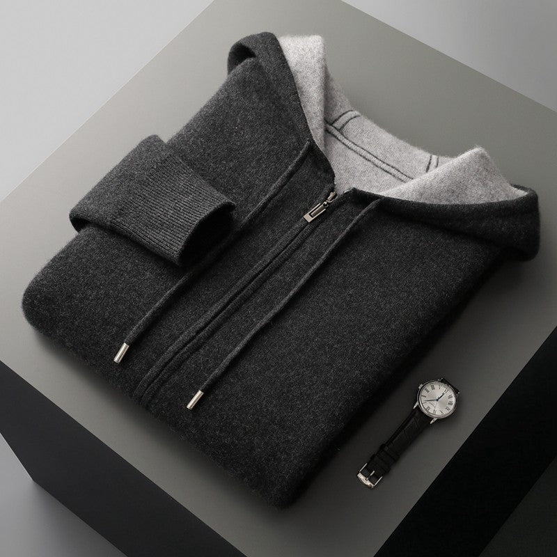 ADDONEE Men's 100% Wool Hoodie Cardigan Straights Leg Pants Set Autumn Winter Thick Cashmere Knitwear Sweater Trousers Suit