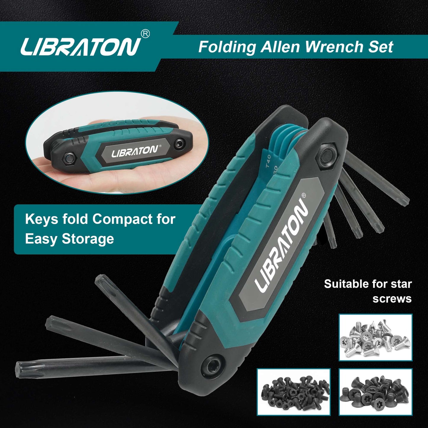 Chave Canivete Dobrável Libraton 8 em 1 Torx Hexagonal Allen Portátil Kit de Chaves Estrela Tamanhos T-9 a T-40 para Manutenção de Bicicletas