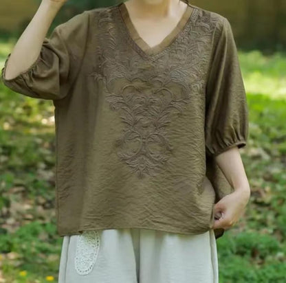 Summer New Literary Vintage Embroidery Cotton Linen Shirt Ladies Half Sleeve Loose Casual Fashion Blouse Women's Clothing Tops
