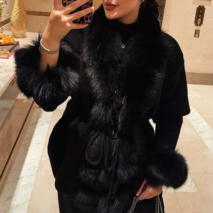 Elegant Knitted Faux Fur Patchwork Women's Coat Thicken Lady Coats 2025 Autumn Winter Chic Female Street Warm Outerwears