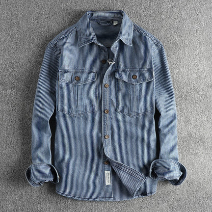 Autumn New American Retro Long Sleeved Lapel Denim Striped Cargo Shirt Men's Simple 100% Cotton Washed Old Casual Blouses Coat