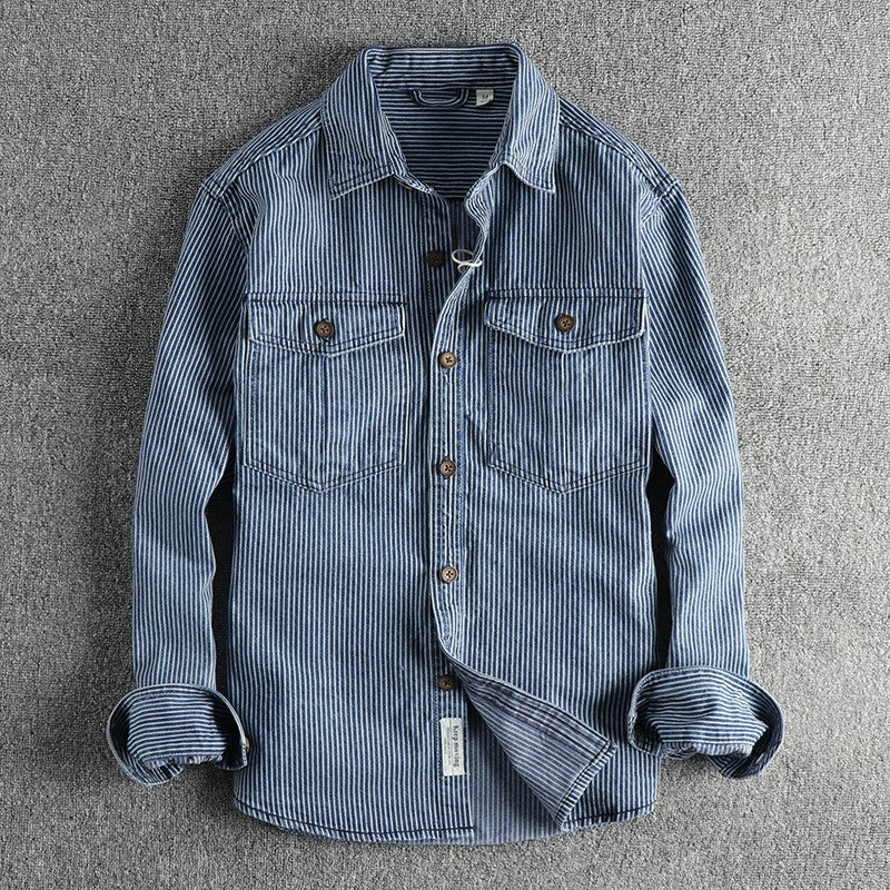 Autumn New American Retro Long Sleeved Lapel Denim Striped Cargo Shirt Men's Simple 100% Cotton Washed Old Casual Blouses Coat