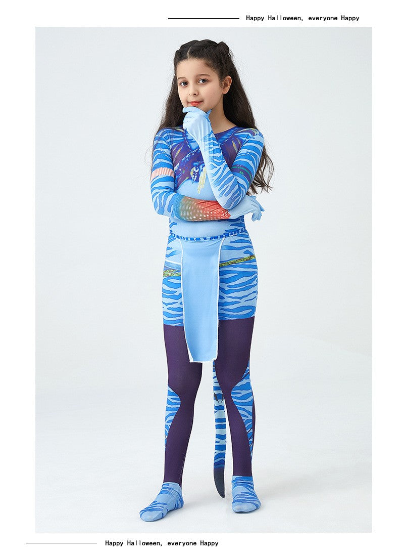 Girls Avatar 2 Neytiri Costume Tail Suit Boys Jake Sully Cosplay Zentai Bodysuit Jumpsuit Kids Halloween Birthday Party Costume