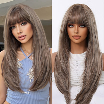 Peruca Loiro Dourado Com Franja Cabelo Longo Liso Peruca Natural Para Mulheres Perucas Cosplay Sintética Resistente ao Calor Cabelo Falso