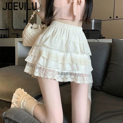 JOEVILU White Tutu Skirt A-line Elastic High Waist Mini Skirts Short Lace Cake Skirt Thin Summer Korean Fashion Goth Y2k Clothes
