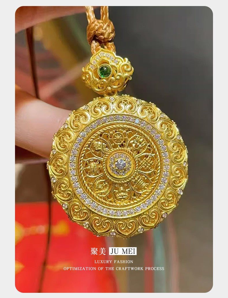 Gold shop 9999 24K real gold Chinese large rotating filigree Ruyi dot diamond eight treasure compass pendant weaving rope