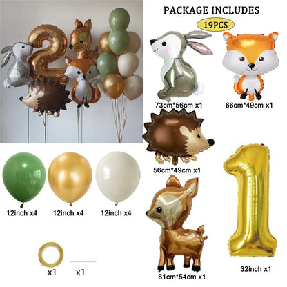 19pcs Hedgehog Deer Fox Rabbit Balloon Set Gold Number Balloon Woodland Animal Happy Birthday Party Decorations