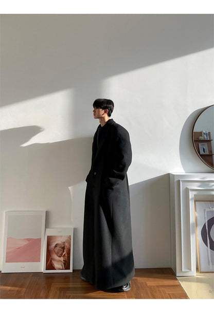 Mauroicardi Autumn Winter Extra Long Warm Black Loose Casual Wool Blends Coat Men Luxury Floor Length Overcoat Korean Fashion
