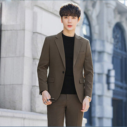 S-6XL Men's Business Casual Suit Korean Style Trendy Slim Fit 2 Piece Set Solid Color ?Blazer+ Pants )Groom Wedding Dress Party