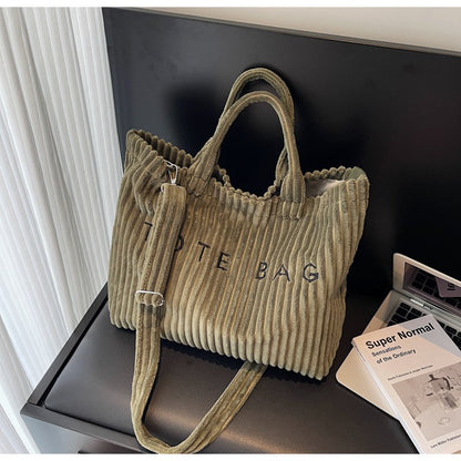 Large Capacity Striped Velvet Handbag Shoulder Bag for Woman Handbags Crossbody Bags, Versatile Letter Corduroy Women's Tote Bag