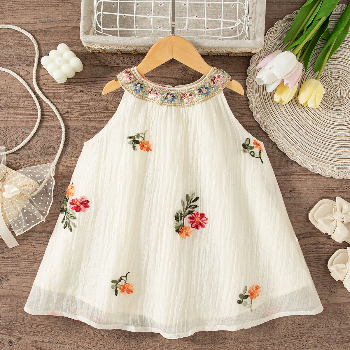 Baby Girl Dresses Summer Flower Embroidery Cotton Neck Girls Dresses Cute Girls Beach Dresses Baby Girl Clothes