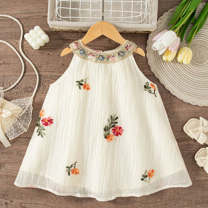Baby Girl Dresses Summer Flower Embroidery Cotton Neck Girls Dresses Cute Girls Beach Dresses Baby Girl Clothes