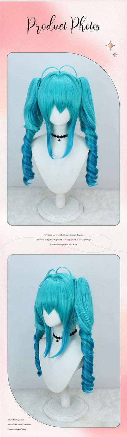 Cabelo Sintético Cosplay de 28 Polegadas com Franja, Cor Gradiente Azul-Ciano Miku, Rabo de Cavalo Cacheado na Ponta, Peruca para Festa de Halloween