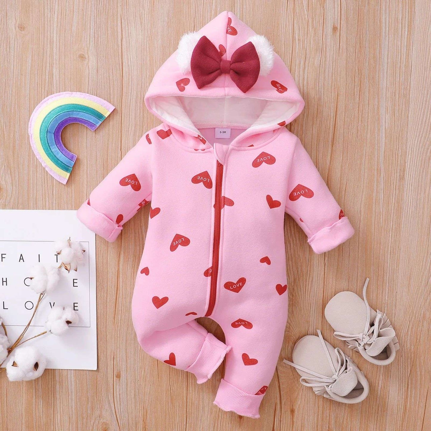 Newborn Baby Romper Love Printed Clothes Hooded Children Girl 0-1 Years Autumn Spring Infant Boy Jumpsuit Outfits 3 6 Months