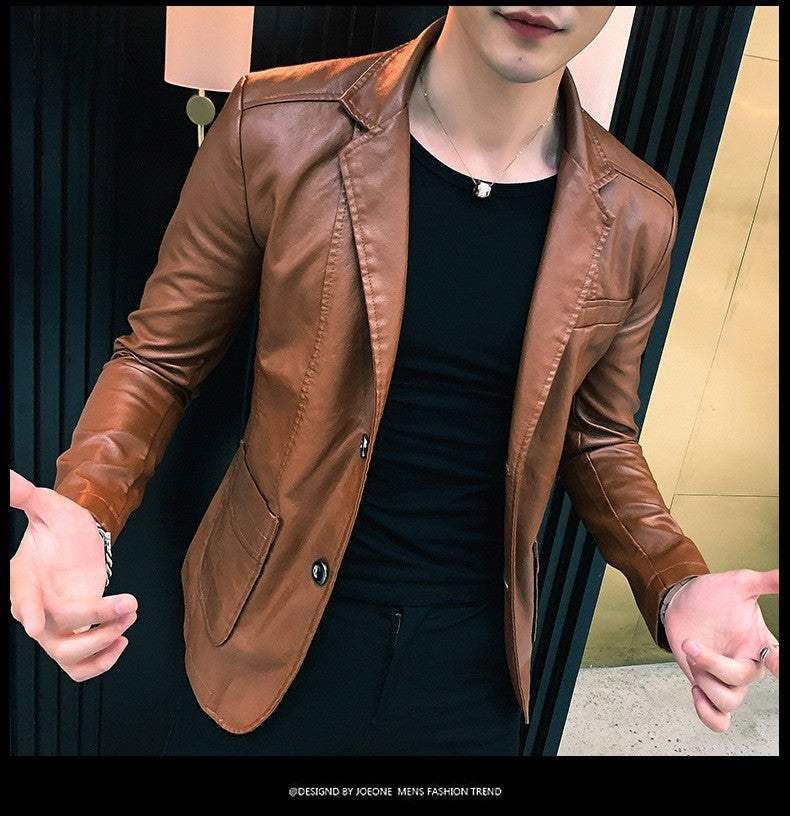 Spring/Autumn Leather Jacket - Plus Size Men's Youth Suit Collar Business Casual Leather Jacket European Sizes XS-3XL