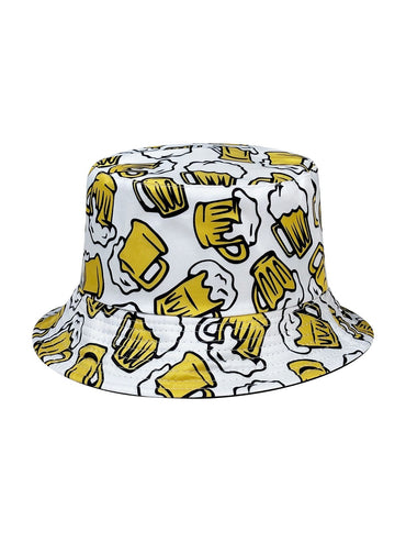 Beer Cheers Party Bucket Hat, Reversible Wear Foldable Lightweight Design,Cartoon Pattern Basin Hat,Unisex Casual Sun Hat for Beach and Festival Party Use