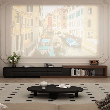 82-110'' Extendable TV Stand for Up to 120"TV, Wood Reversible TV Media Console w/3 Drawers & Open Storage Shelf for Living Room