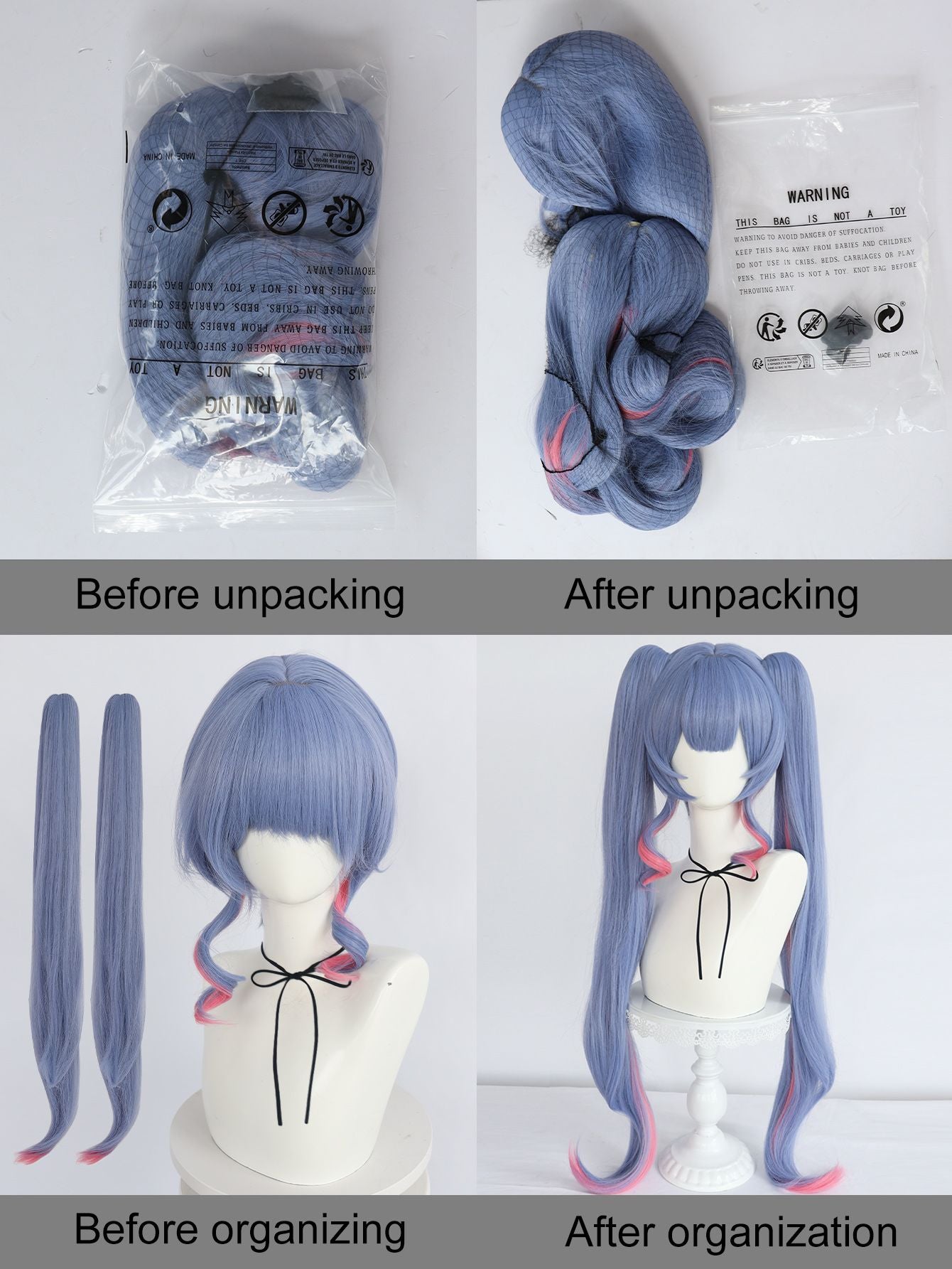 Peruca Lolita com duas marias-chiquinhas em degradê azul e rosa, cabelo longo com franja desfiada, fibra sintética para cosplay de anime