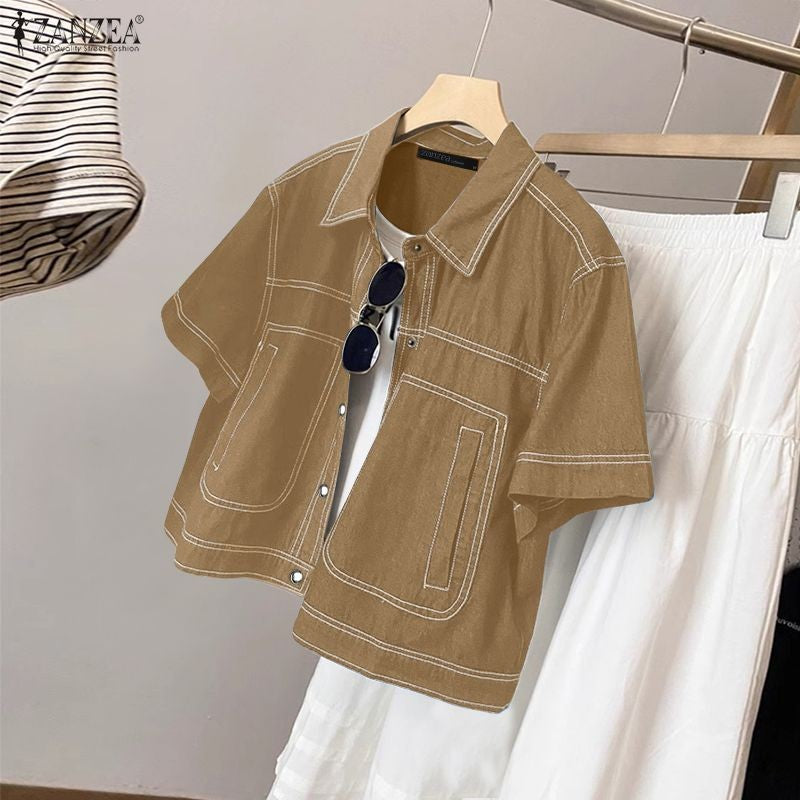 ZANZEA Women's Denim-Like Contrast-Stitch Shirts 2025 Fashion Turn-Down Collar Short Sleeve Button Up Shirt Streetwear Woman Top