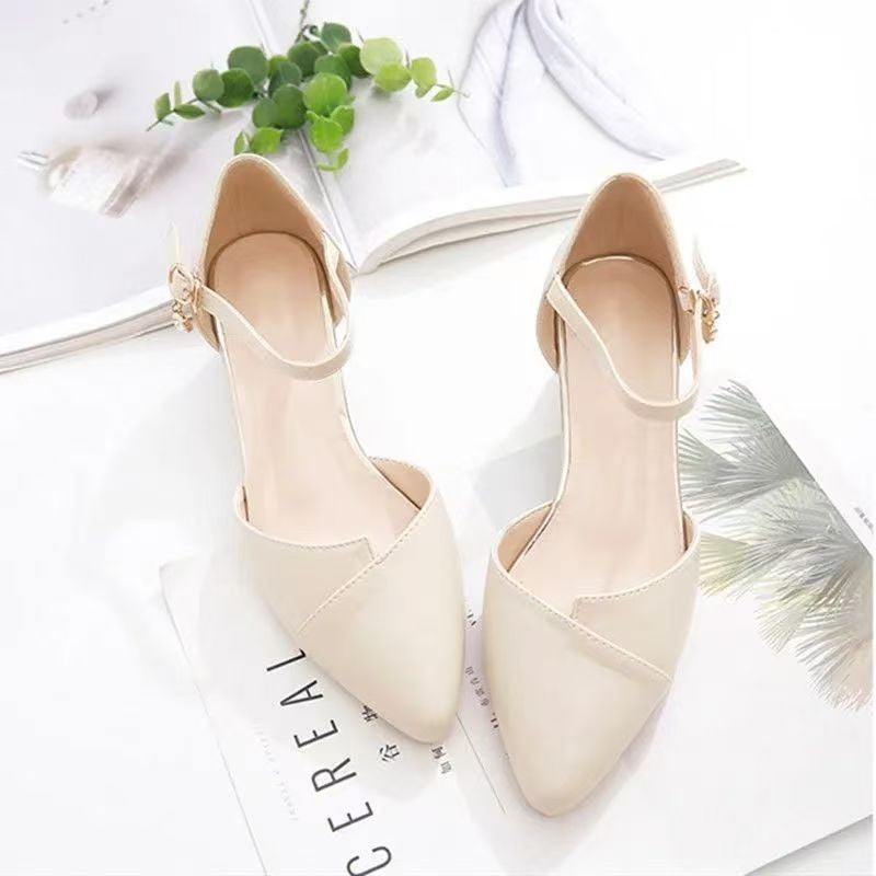 Sandália Feminina Elegante Bege Bico Fino Salto Médio Tira Fina Transpassada Fivela Sapatos de Escritório Diários