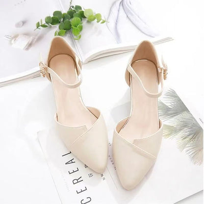 Sandália Feminina Elegante Bege Bico Fino Salto Médio Tira Fina Transpassada Fivela Sapatos de Escritório Diários