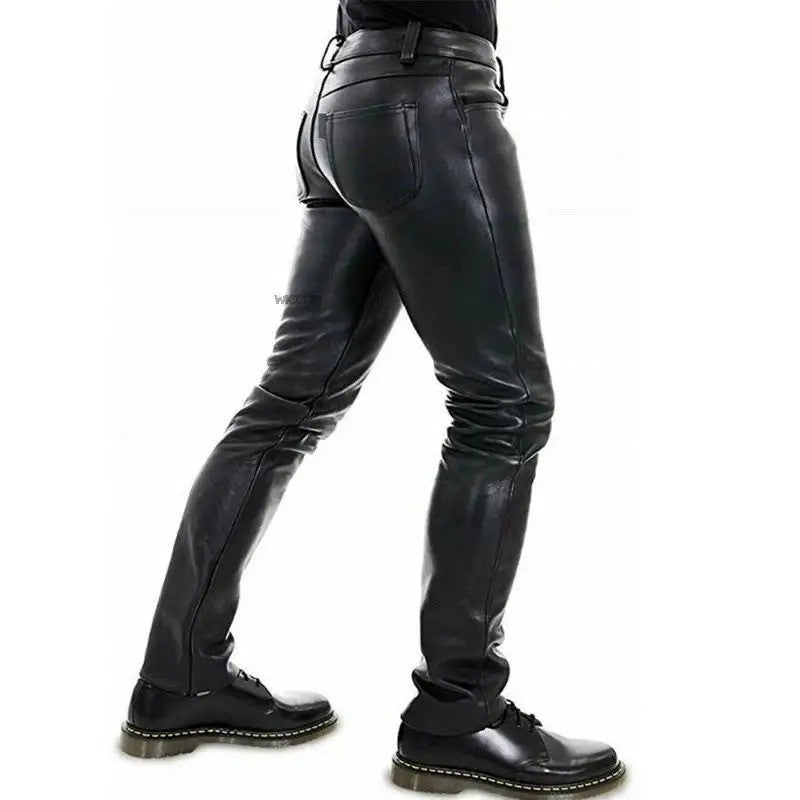 Men's Leather Pants  2022 New Solid Color PU Leather Motorcycle Pants Elastic Leisure Punk Style Slim Fit Full Length Trousers