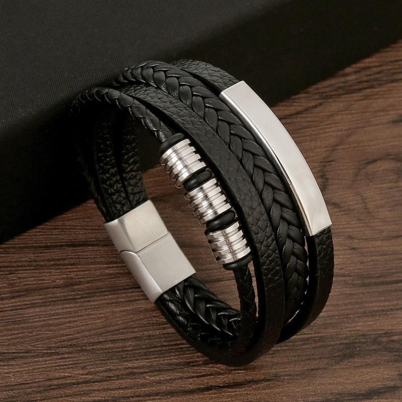 Pulseira de Couro Masculina Punk com Fecho Magnético de Aço Inoxidável Trançado em Camadas Envoltório de Couro Pulseiras Presente Joias Masculinas