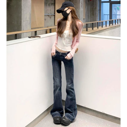 Vintage American-style hot girl low-waisted flare pants micro-flare jeans women's slim-fitting elastic Y2K casual wide-leg jeans