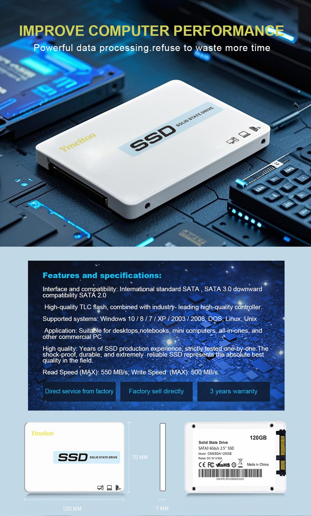 Y03Sata III Ssd 5-20PCS 120GB Ymeiton 2.5 Unidade de Estado Sólido 128GB 256GB 480GB Usado para notebooks e desktops